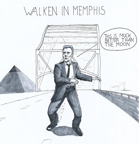The terrible Christopher Walken jokes continue in Walken Through Inktober 2016!

References were: this random video of some guy driving over the Hernando De Soto Bridge going into Memphis...