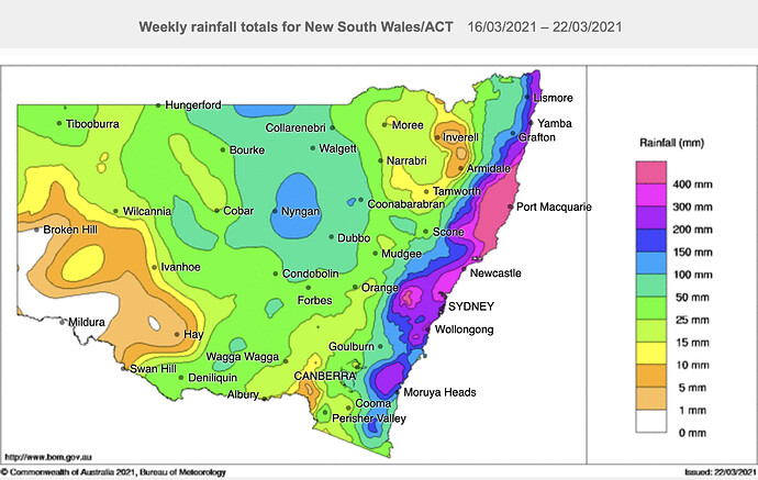 BOM rainfall map, week to 22 Mar 2021